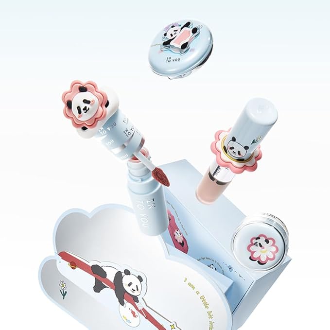 INTO YOU x M.Lan Panda The Color Mixer Set Limited Edition - 7 pieces Makeup Box Sets, Matte Lipstick + Canned Lip Mud + Blush & Highlight Duo + Cushion Foundation + Gift Bundle, L02 Set