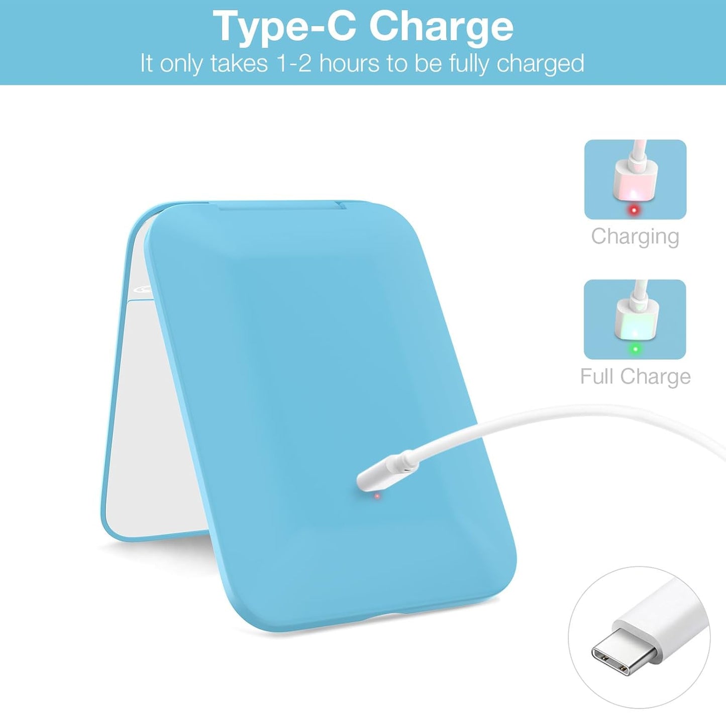 Kintion Rechargeable Pocket Mirror, Double Sided 1X/3X Magnification Compact Vanity Mirror, 3 Color Lights, Dimmable, Small Portable Wallet Mirror, Lighted Travel Mirror for Women Gifts, Blue