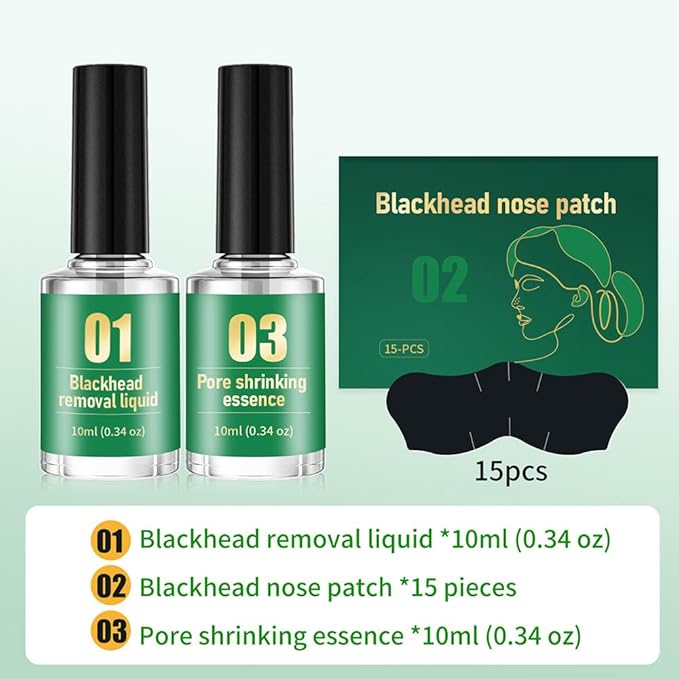 Blackhead Remover 3-in-1 Kit with Pore Strips, 10ml Blackhead Removal Liquid and 10ml Pore Shrinking Essence, Facial Care Set for Nose & T-Zone, Gentle for All Skin Types