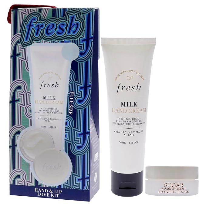 Fresh Hand And Lip Love Kit for Women - 2 Pc 1.6oz Milk Intensive Hand Cream, 0.3oz Sugar Recovery Lip Mask Advanced Therapy