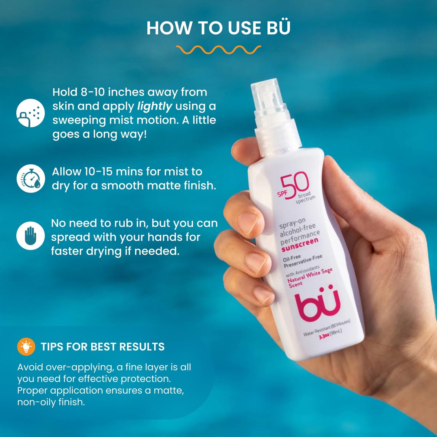 BU SPF 50 Sunscreen Spray for Face and Body, Non Aerosol Spray, TSA Travel Size Sunscreen, Clear, Non Greasy, Water Resistant, White Sage 3.3 oz