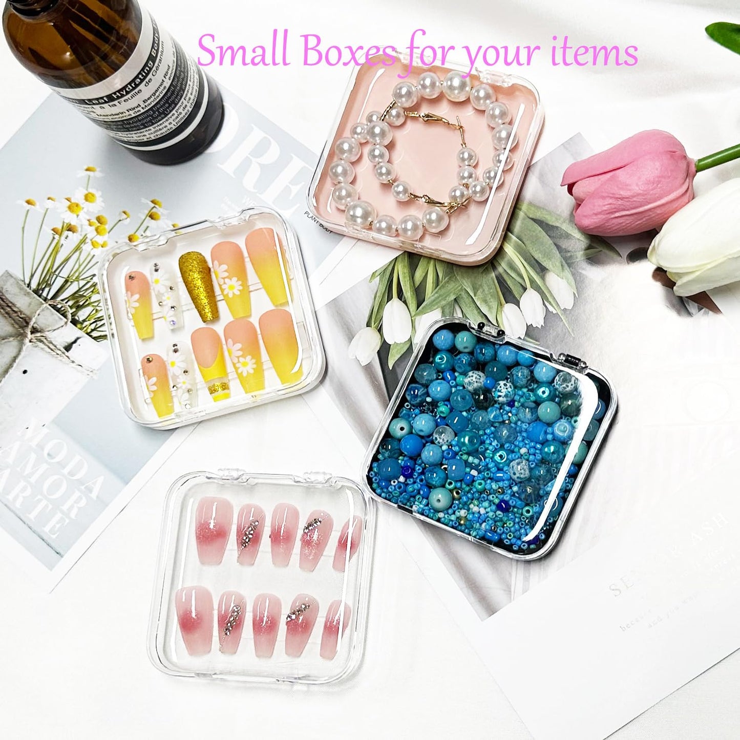 12 Piece Press On Nail Storage Box with 60 Pcs Double Sided Tape - Acrylic Fake Nail Display Box for Home Salon Use