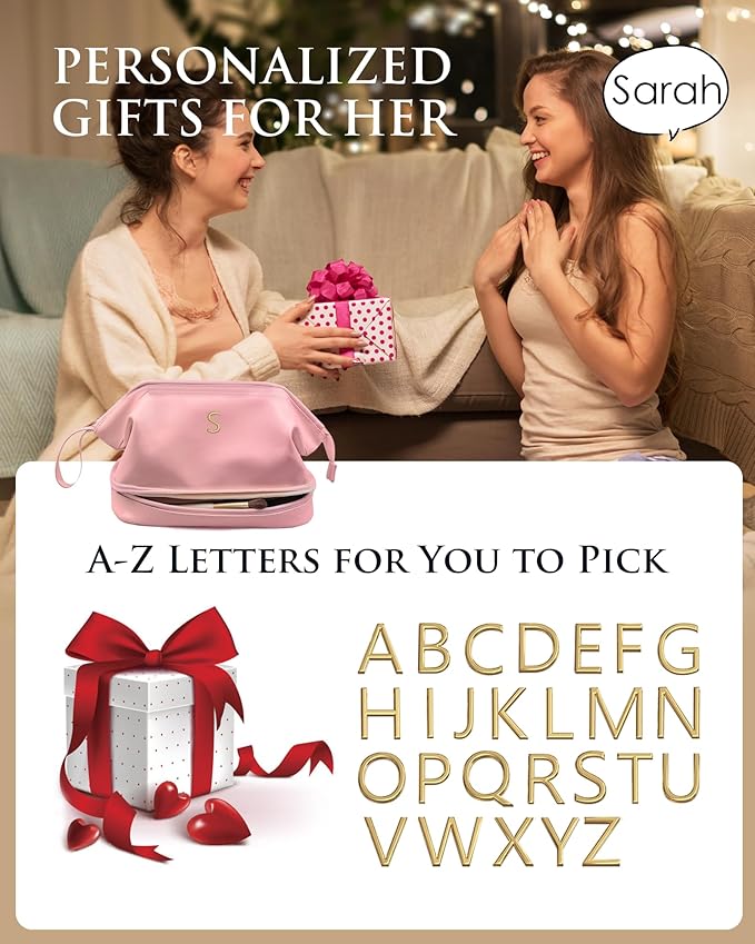 Bridesmaid Gift, Initial Makeup Bags, Personalized Double Layer Cosmetic Bag with Makeup Brush Organizer, Waterproof, Large Capacity PU Leather Travel Toiletry Bag