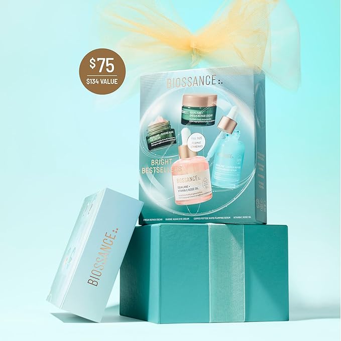Biossance Bright Bestsellers Holiday Gift Set with Rose Oil, Marine Algae Eye Cream, Omega Repair Cream and Copper Peptide Plumping Serum, ($136 Value), 1 Set