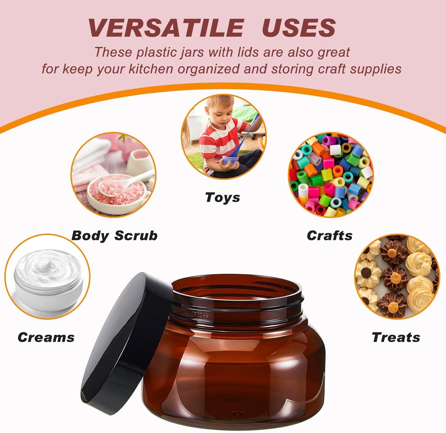 Tessco 24 Pack Plastic Jars with Lids Labels Empty Clear Plastic Jars Round Refillable Cosmetic Containers Body Butter Containers Bulk Sugar Scrub Bottle for Make Up(8 oz,Brown)