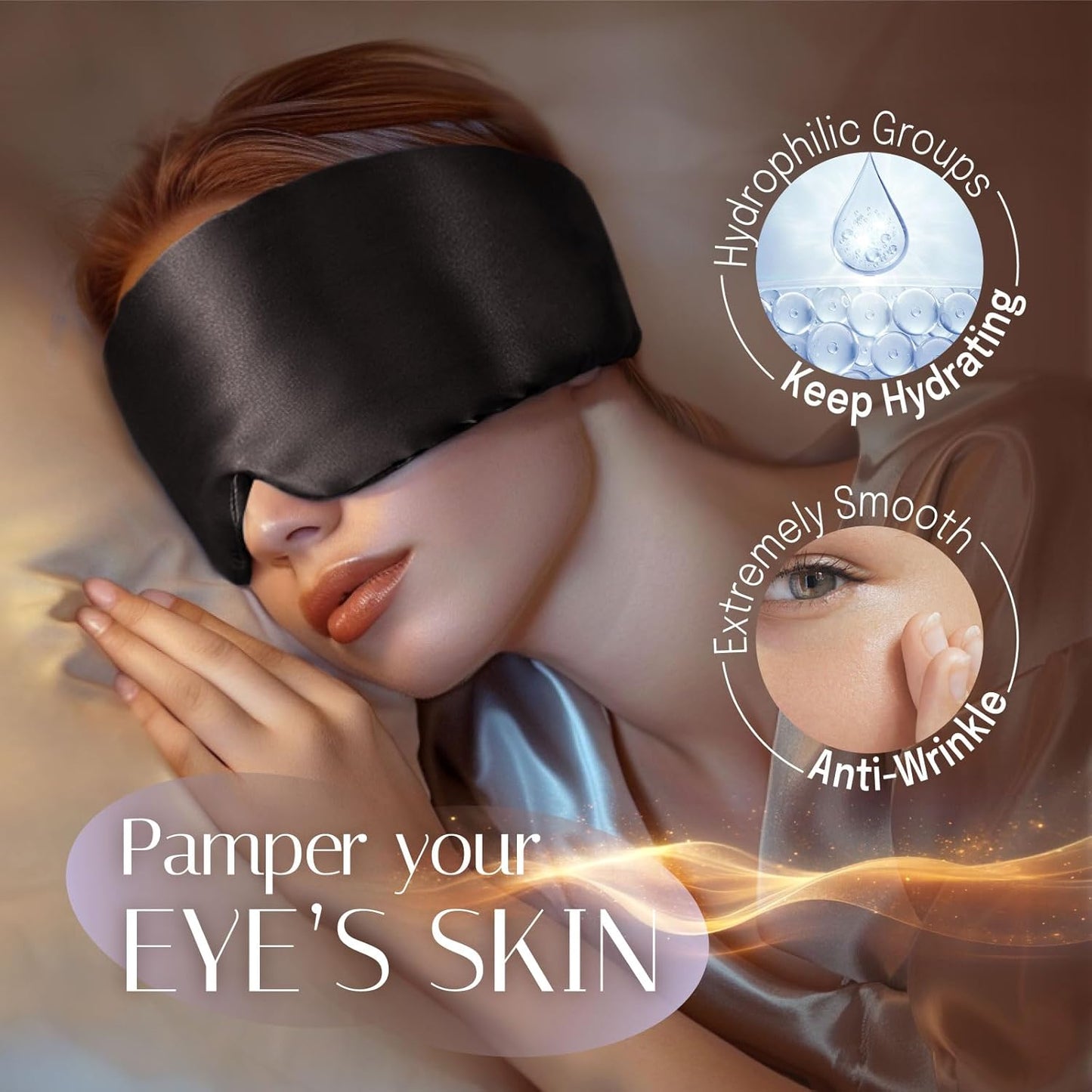 Silk Sleep Mask Soft Pressureless: 100% Mulberry Silk for Eye Skin Anti Wrinkles, Large Size for Total Blackout, Adjustable Wide Velcro Ear Cover