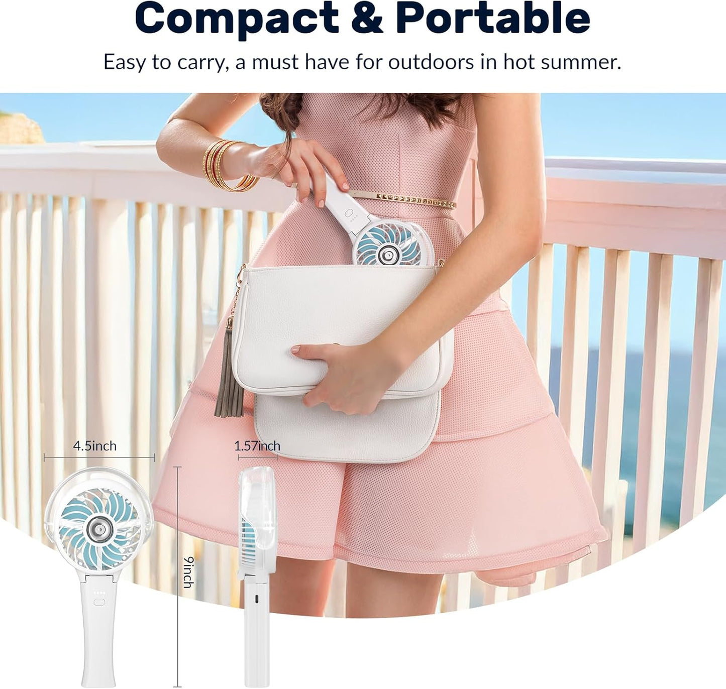 HandFan 4000mAh Portable Misting Fan, 50ml Water Tank, Rechargeable Handheld Personal Mister Fan, Spray Water Mist, Foldable Electric Hand Fans for Beach, Travel, Outdoors(White)