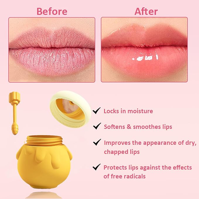 Honey Lip Mask, 3 In 1 Cute Hydrating Lip Mask for Women Girls, Honey Lip Balm with Wand, Milk Lip Masks for Dry Lips, Day and Night Night Lip Mask, Skin Care Lip Mask with Mirror