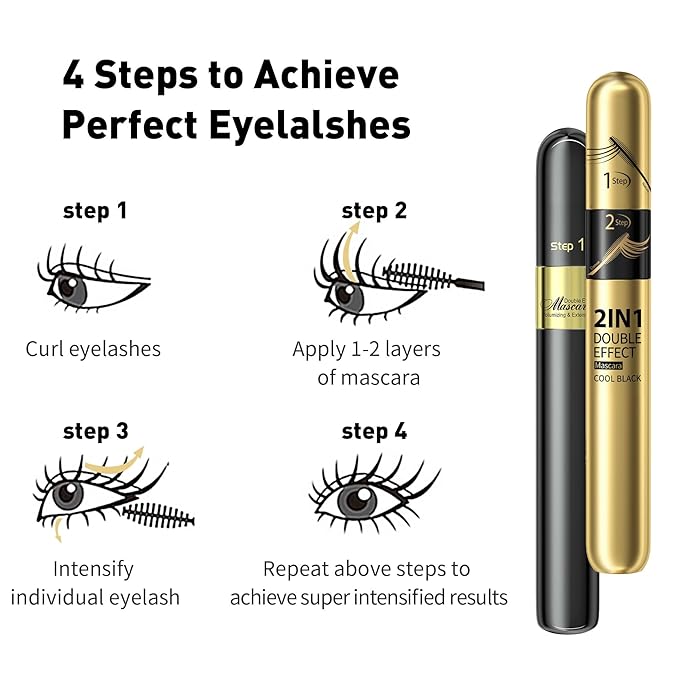 2pcs 2-in-1 4D Double Effect Fiber Mascara: Curling and Intensifying, Daily Waterproof, 5x Longer, Voluminous & Smudge-Proof, No Flaking and No Clumping, Black and Golden Tube Set
