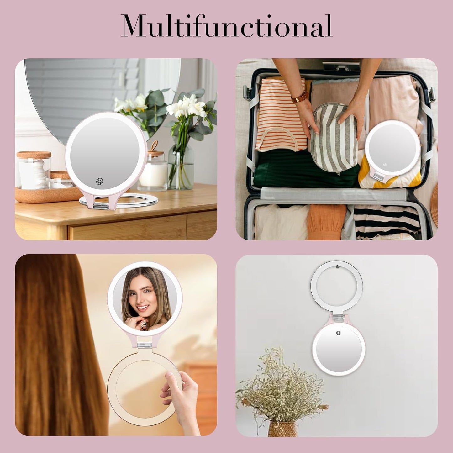 Magnifying Mirror with Light 10X/1X, Double Sided travel mirror with light, Rechargeable makeup mirror with 3 color setting Adjustable stand Lighted mirror Vanity Portable Desk Cosmetic Mirror