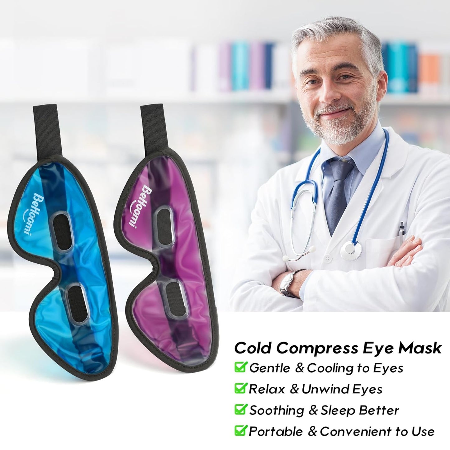 Cooling Eye Mask, Gel Eye Mask Cold Compress for Eyes, Reusable Eye Ice Pack, Cool Relaxation, Comfort Snug Fit, No Freeze, Eye Cover Ice Mask for Home, Office, 2PCS, Blue & Purple