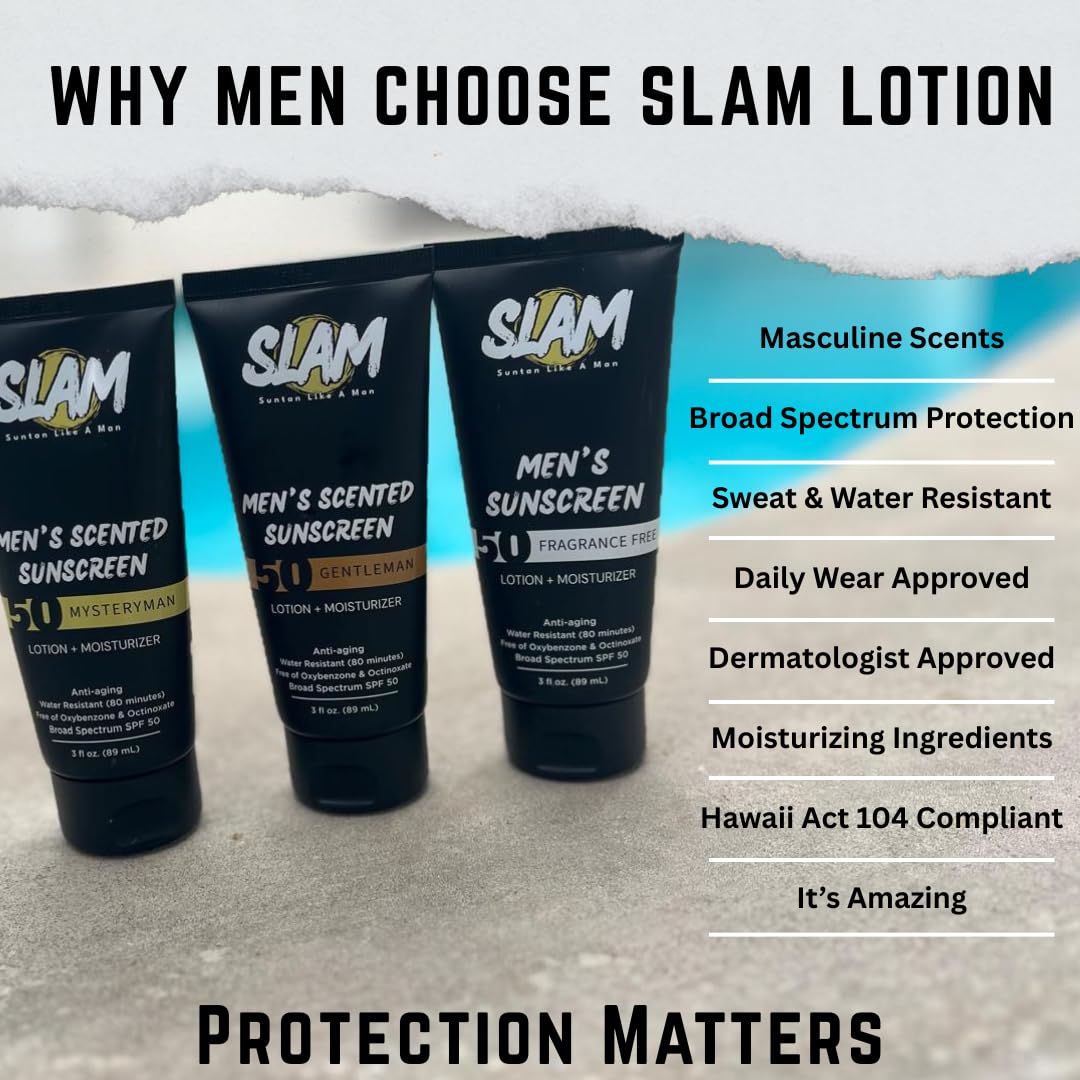 SLAM Men's Sunscreen Lotion SPF 50 & Moisturizer – Face & Body Sunblock, Anti-Aging, Water-Resistant, Hawaii Act 104 Safe, Skincare for Men, Unscented – 3 fl oz.each. Double pack.
