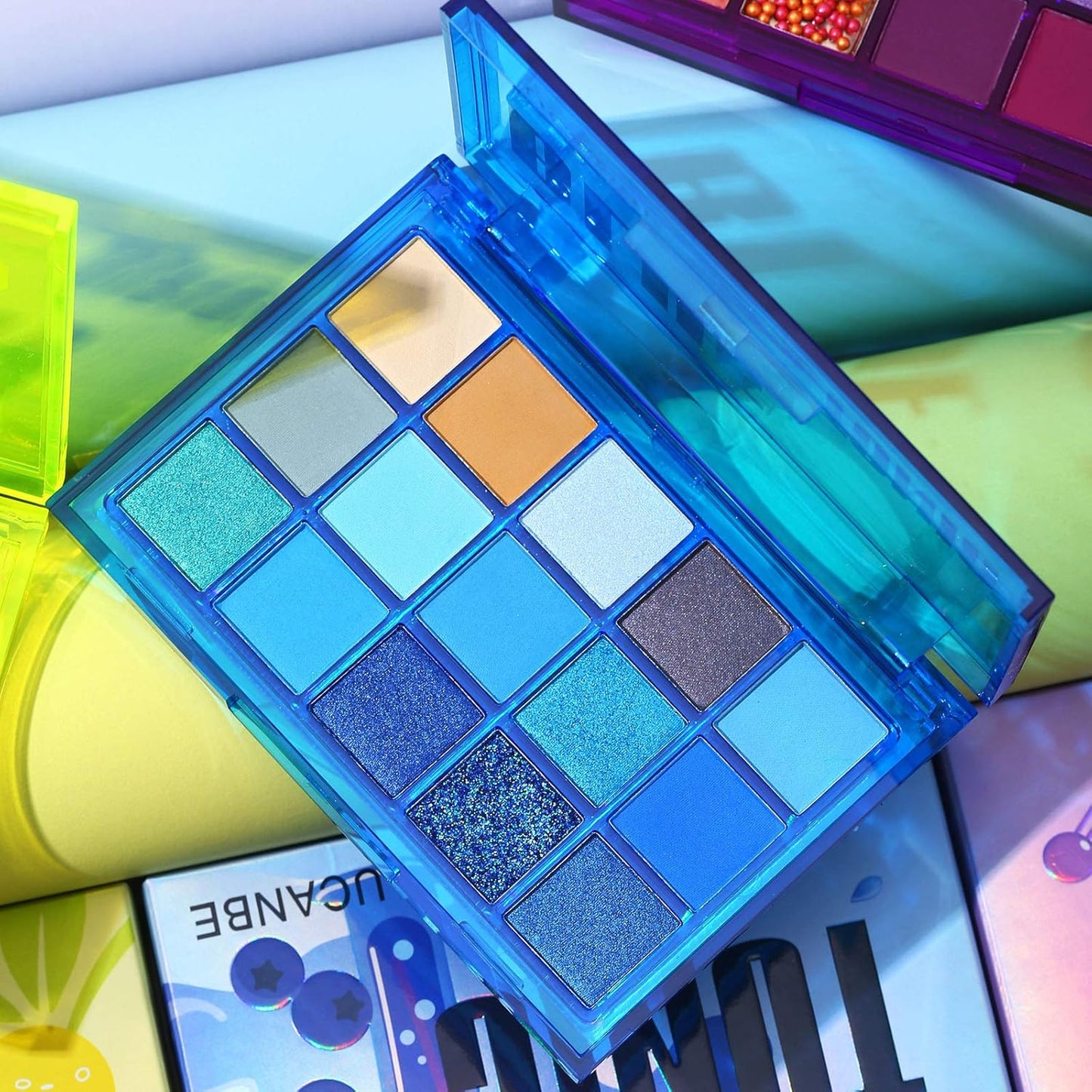 UCANBE Bright Neon Eyeshadow Makeup Palette-15 Shades High Pigmented Purple Blue Yellow Shimmer Matte Glitter Metallic Eyes Shadow Colorful Vibrant Creamy Make Up Pallets Kit - Blue Tonic…