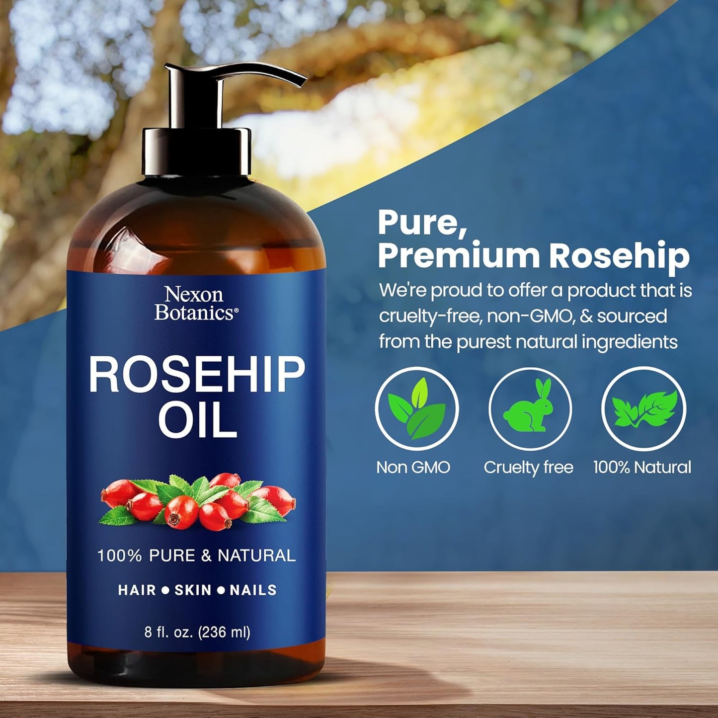 Rosehip Oil for Face 8 fl oz - Rosehip Seed Oil for Gua Sha, Massage, and Skin Care - Aceite de Rosa Mosqueta - Nexon Botanics
