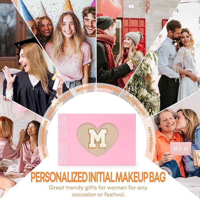 mibasies 2 PCS Initial Makeup Bags: Mothers Day Gifts for Women - Best Friend Birthday Gifts Graduation Gifts Wedding Bridesmaid Girlfriend Wife Daughter Sister Girl Gifts - Orange M