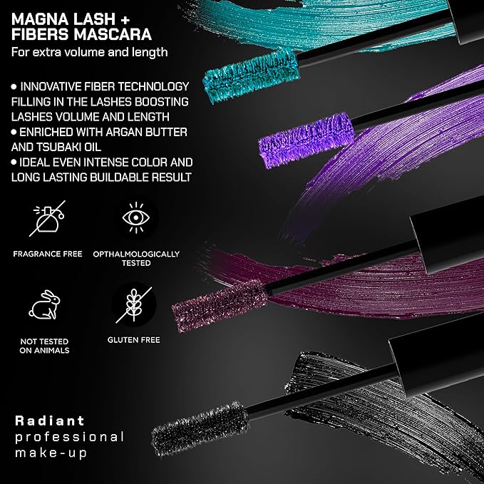 Radiant Professional Lengthening Mascara – Fiber Lash Smudge Proof Mascara Volume and Length– Cruelty-Free Natural Wax Formula with Silicone Brush - (0.43 oz) (02 EGGPLANT)