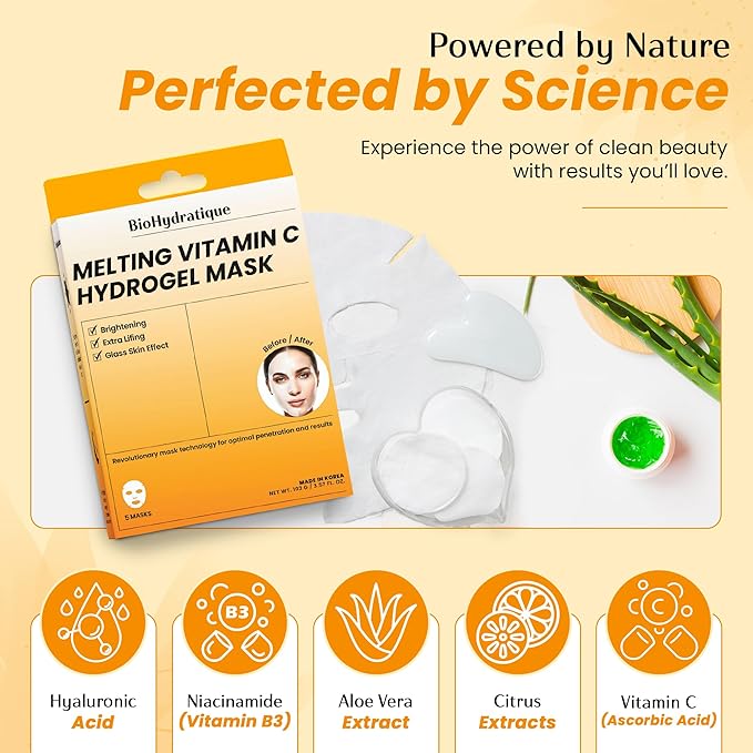 Vitamin C Face Mask – Overnight Hydrogel Care for Dark Spots, Fine Lines & Dry Skin – Dermatologist Tested, Anti-Aging, Korean Skin Care – Clean Beauty, Glass Skin Glow – Pack of 10