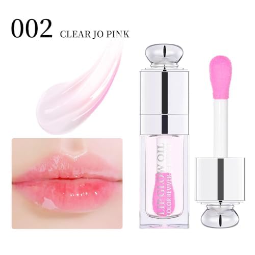 Plumping Lip Oil,Hydrating Gloss Tinted Lip Balm Transparent Lip Care,Big Brush Head Glitter Shine,Long Lasting Nourishing Non-sticky Fresh Textureand Dry Lips Care Products0.2 OZ(002#CLEAR TO PINK)