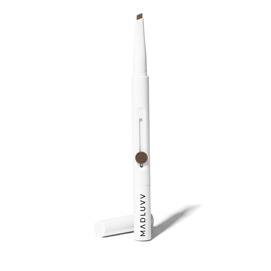 MADLUVV Exacto Brow Pencil for Flawless, Long Lasting, Realistic Brows with Dual-Ended Design Featuring Retractable Blade Tip for Precise Hair Like Detail and Blending Brush - Medium Brown