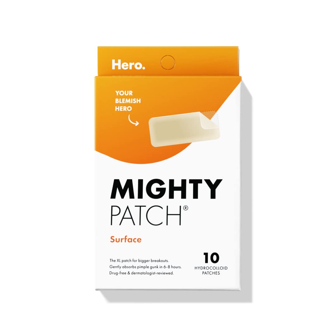 Mighty Patch Surface Large Pimple Patches for Face from Hero Cosmetics, Acne Spot for Body, Cheek, Forehead, and Chin, Pimple Stickers, Hydrocolloid Covers, Vegan-friendly, 10 Count