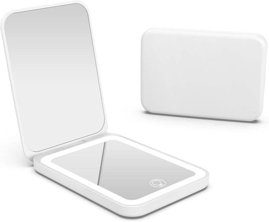 Kintion 2025 Pocket Mirror, Rechargeable Dimmable 3 Color Lighting 1X/3X LED Compact Travel Makeup Mirror for Purse, Portable, Folding, Handheld, Small Lighted Mirror for Women Gift, White