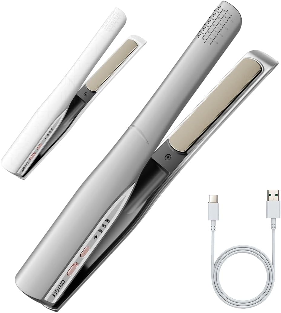 Cordless Hair Straightener and Curler 2 in 1, Fast Heating Cordless Flat Iron, Ultra-Light Portable Straightener for On The Go, Anti-Scald Design with USB-C Charging& Negative Ion (Gray)