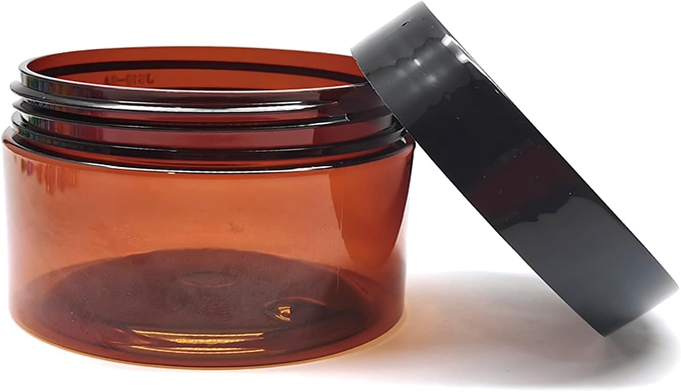 4 oz Amber Plastic Cosmetic Jars Leak Proof Container with Black Lid for Cream, Lotion, Powder, ointment, Beauty Products etc, 6 Pcs.