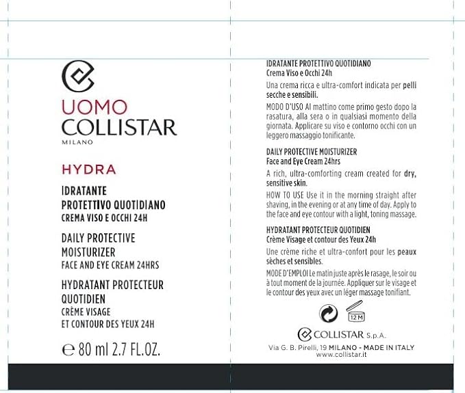 Collistar Uomo Hydra Daily Protective Moisturizer Face and Eye Cream 80 ml, 2.7 Fl Oz Made in Italy [italian import]