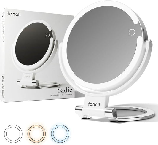 Fancii Travel Magnifying Mirror 10x /1x with Lights, Rechargeable | 9-Inch Extra Large LED Lighted Makeup Mirror, Folding Double Sided Portable Vanity Mirror, 3 Light Settings, Touch Sensor (Sadie)