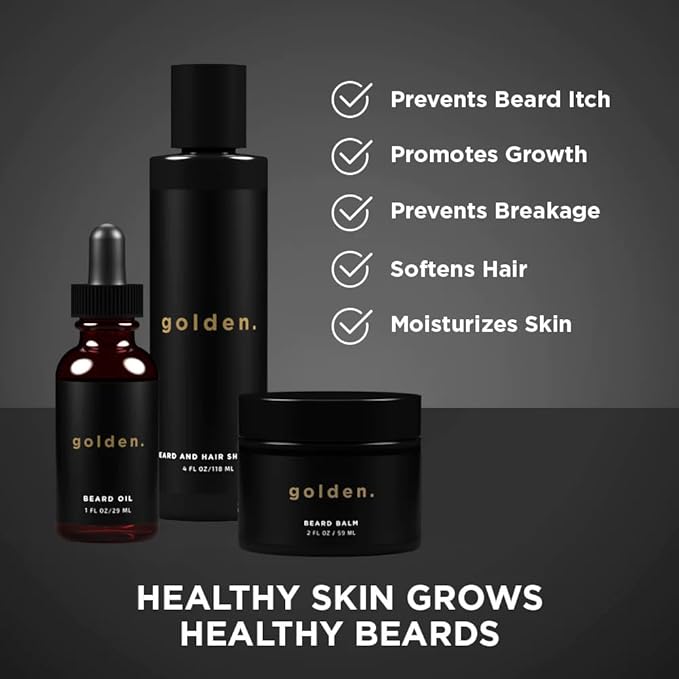 Golden Grooming Co. Beard Kit Bundle: Complete Beard Care - Beard Oil, Balm, Shampoo - All-Natural - Softens, Strengthens, and Nourishes Hair & Skin - Promotes Growth & Grooming - Gift for Him