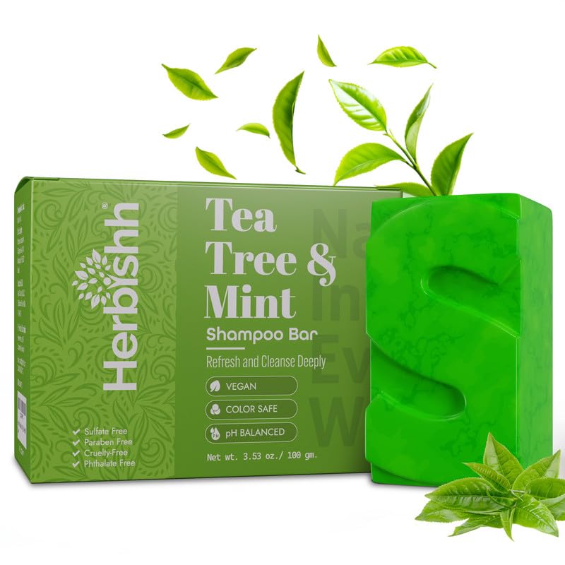 Herbishh Tea Tree & Mint Shampoo Bar – Tea Tree Oil Soap Bar for Oily Hair & Scalp Cleanse – Solid Travel Size Shampoo for Men & Women – Minty Deep Cleansing, 3.53 oz