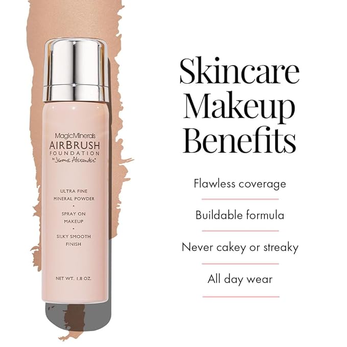 Jerome Alexander MagicMinerals AirBrush Foundation, Spray Makeup with Skincare Active Ingredients, Ultra-Light, Buildable, Full Coverage Formula (Light Medium)