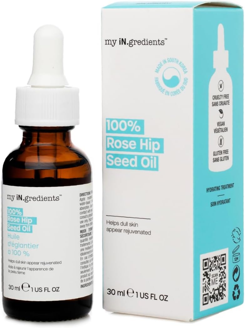 masque BAR My Ingredients 100% Rose Hip Seed Oil, Rejuvenates Dull Skin, Reduces Fine Lines, Wrinkles, Soothes Dry, Itchy Skin, Moisturizing Serum for Face & Hair, Undiluted Body Oil- 1Fl oz