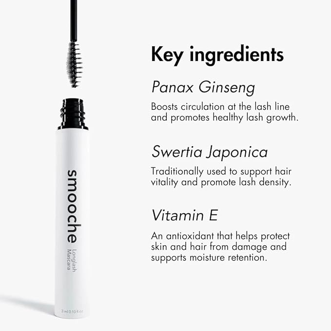 Smooche Long Lash Mascara – Smudge-Proof, Lash-Boosting Mascara with Growth Serum – Instant Length & Volume – Clean, Vegan, and Natural Ingredients – 3mL