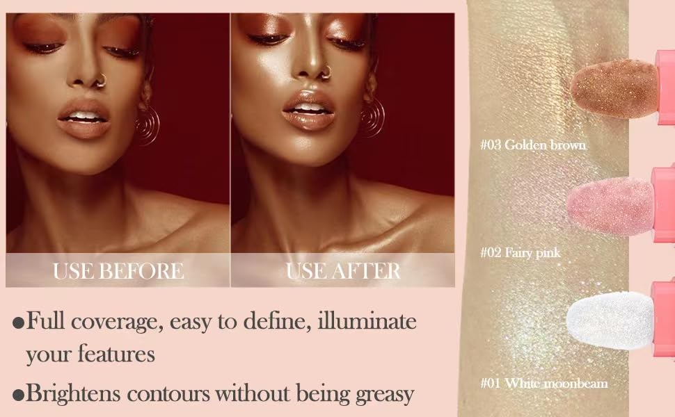 Glitter Powder Highlighter Makeup, Body Brightens the Natural Three-Dimensional Face Blusher Fairy Highlight Patting Powder. (3 Colors(1#.4#.5#))