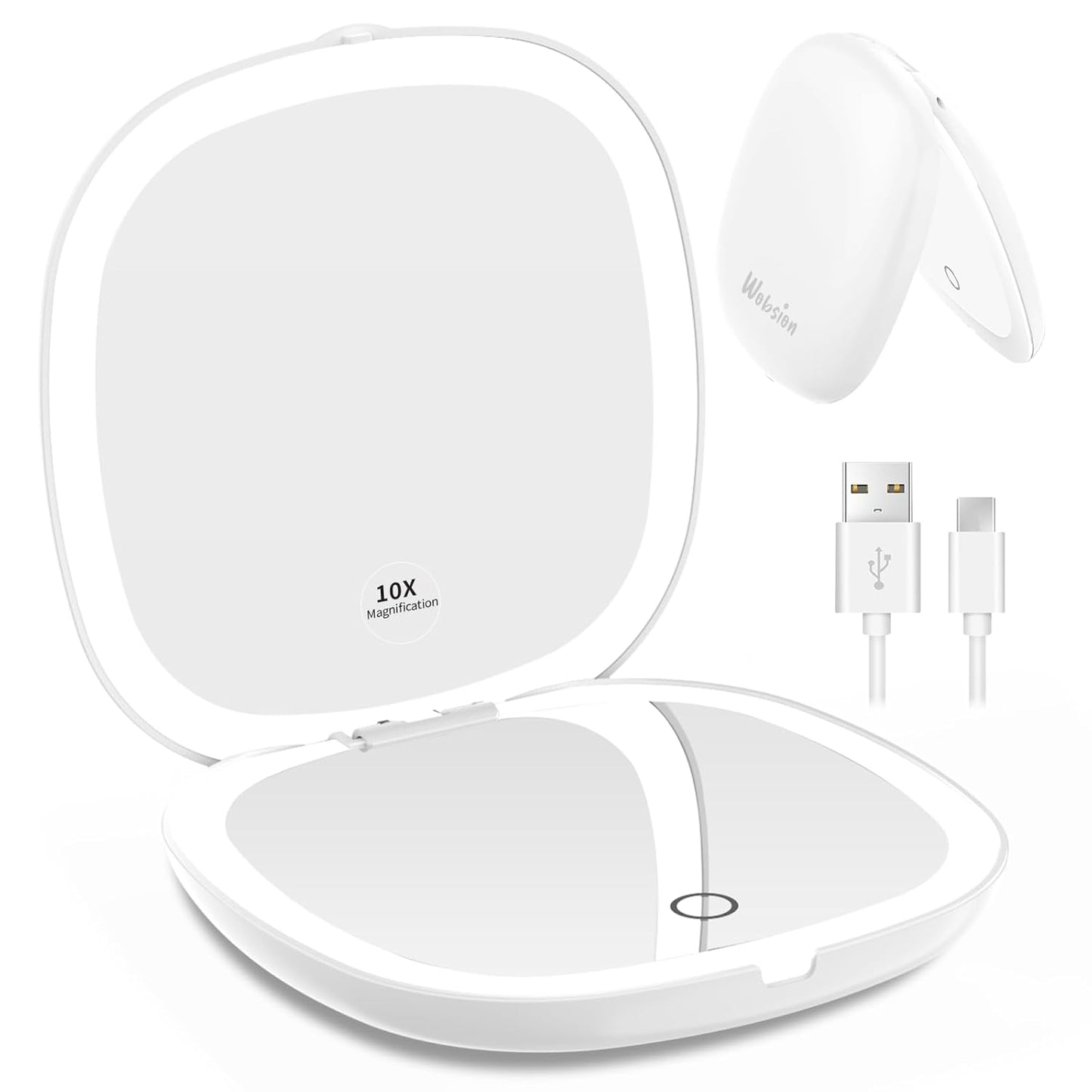 WOBSION Rechargeable Lighted Travel Makeup Mirror,1x/10x Compact Magnifying Mirror with Lights,Portable for Bag,4inch,Gift,White