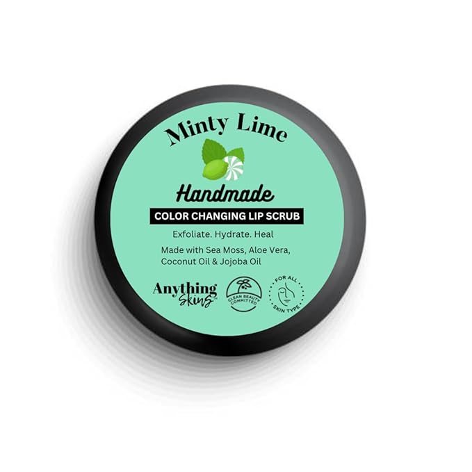 Handmade Anything Skins 100% Natural Color Changing Lip Scrub Conditioning Moisturizing Exfoliator Gentle Exfoliant, Sugar Polish and Scrubber for Chapped Dry Lips, 1oz (Minty Lime, 1oz)