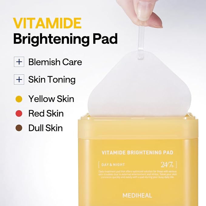 MEDIHEAL Toner Pads [Vitamide] - Radiance Boosting Pad for Clear, Illuminating Skin - Contains Niacinamide & Sea Buckthorn - Blemish Care, Skin Toning - Vegan Stretchable Fabric Pads (100 Count)