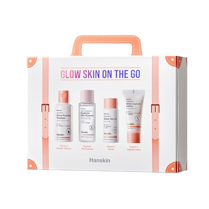 Hanskin Glow Skin On The Go Kit, Set of 4, Essential Travel Skincare Set for Glowing & Nourishing Skin on the Plane, Powder Cleanser Skin Essence and Facial Serum Cleansing Balm