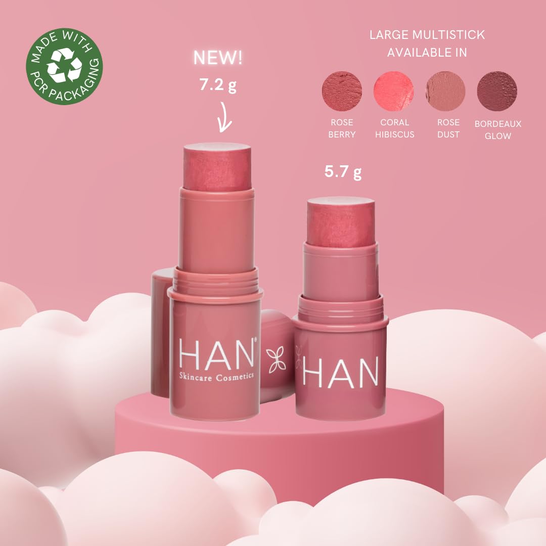 HAN Skincare Cosmetics Vegan, Cruelty-Free 3-in-1 Multistick for Cheeks, Lips, Eyes, Coral Hibiscus | Large