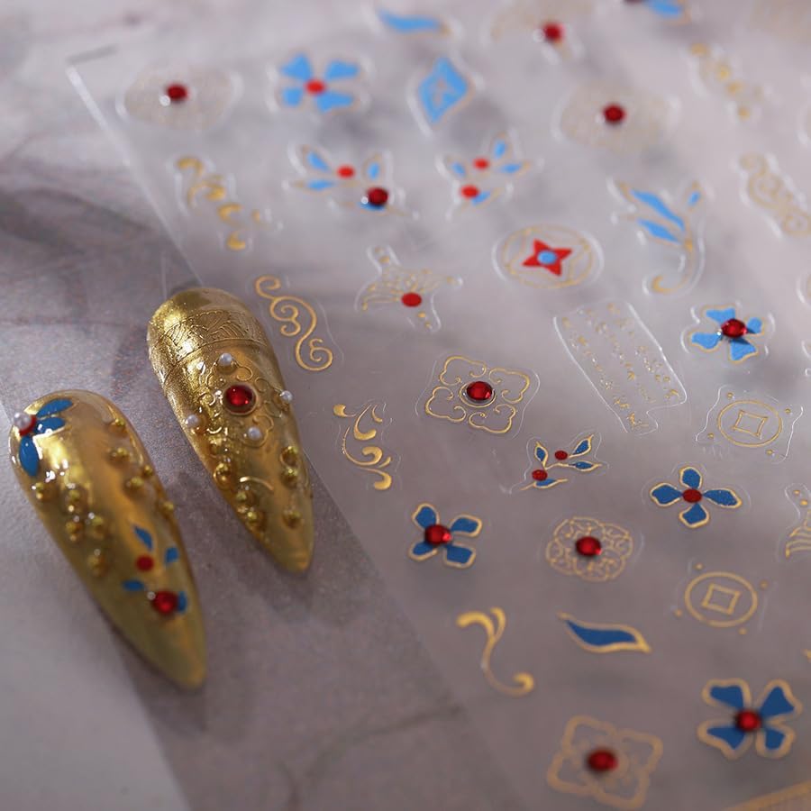Gold Fall Nail Art Stickers 5D Embossed with Rhinestones Bohemian Nail Stickers, Self-Adhesive Durable Nail Art Decals for Women Girls, Nail Wraps Decoration Manicure for DIY Acrylic Nail Accessories