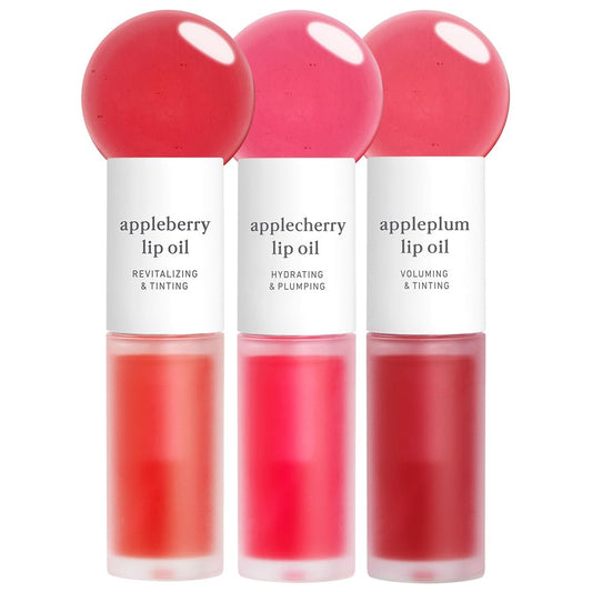 NOONI Vegan Appleseed Lip Oil Set - Appleberry & Applecherry & Appleplum | Long-Lasting, Moisturizing, Plumping, Revitalizing for Dry Lips, Waterproof, No Peel Off, 0.12 FL Oz x 3ea