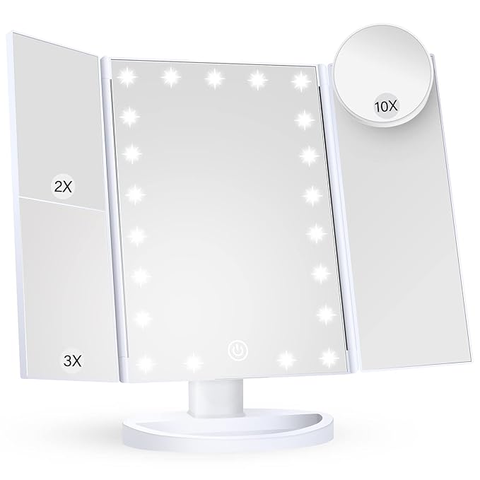 HUONUL Makeup Mirror Vanity with Lights, 2X 3X 10X Magnification, Touch Control, Trifold Mirror, Dual Power Supply, Women Gift(White)