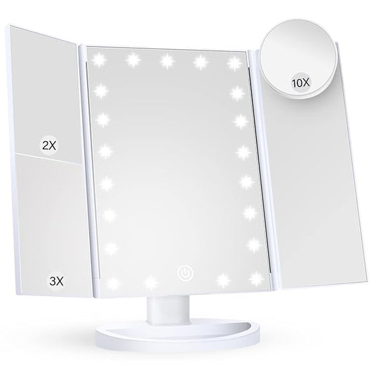 HUONUL Makeup Mirror Vanity with Lights, 2X 3X 10X Magnification, Touch Control, Trifold Mirror, Dual Power Supply, Women Gift(White)