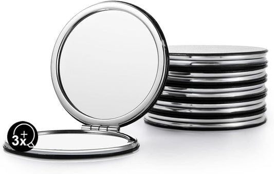 Compact Mirror Bulk, Set of 6 Round Double-Sided 1X/3X Magnification PU Leather 2.8" (Black)