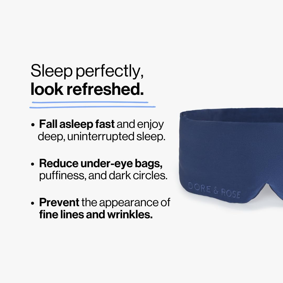Dore & Rose Deep Sleep Mask Light Blocking, 23 Momme Mulberry Silk Eye Mask, Ultra Soft, Adjustable - Travel Sleeping Mask for Men & Women - Dark Blue