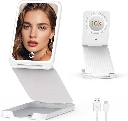 Travel Makeup Mirror with Lights, Foldable 1X Vanity Lighted Mirror with 10X Magnification, Rechargeable 1500mAh, Dimmable Touch Screen, Freely Adjust Height and Angle