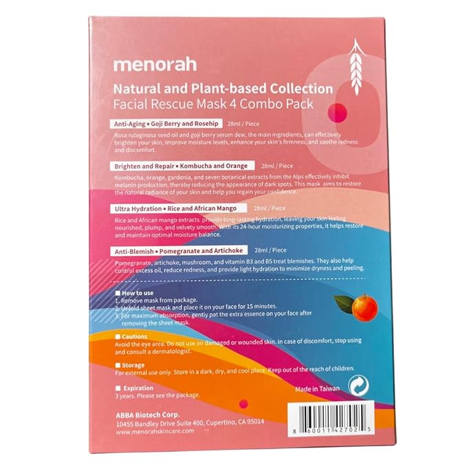 menorah Skincare - Facial Rescue Mask, Natural and Plant-Based Collection, Face Sheet Mask, Brightening, Anti-Aging, Hydration, Anti-Blemish, 4Combo Pack