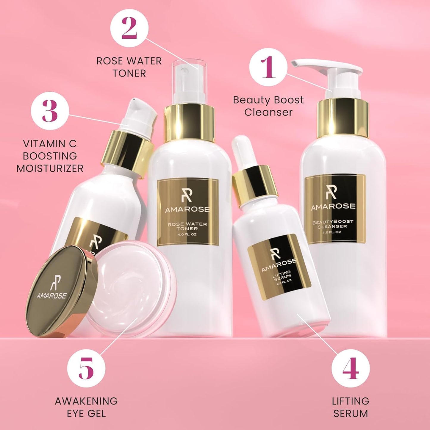 Amarose Rose Water Spray - Revitalizing, Facial Toner - Water for Face - Rose Water Toner - All Skin Types - Hydrating- Rosewater, Spray, Mist with Hyaluronic Acid