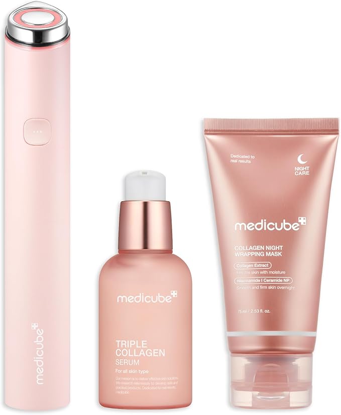 medicube Ultimate Pink Glow Skincare Trio: Mini Booster Pro Pink and Collagen Overnight Wrapping Peel Off Facial Mask Pack and Triple Collagen Serum 1.85 fl.oz (50ml) | Holiday Stocking Stuffers